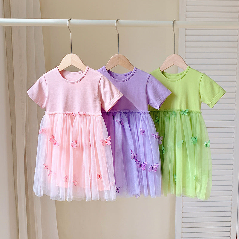 Summer Baby Kids Girls Princess top featuring a 3D butterfly design in pink, purple, and green colors, made from soft cotton.
