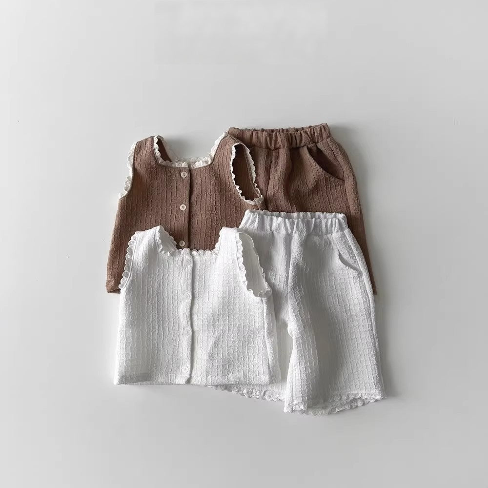 Summer Baby Kids Girls Casual Sleeveless Square Neck Vest Top in white and coffee colors, made from soft cotton fabric.