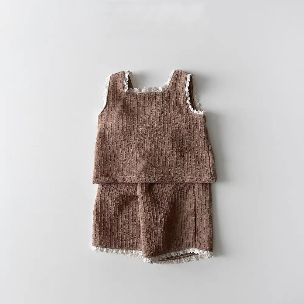 Summer Baby Kids Girls Casual Sleeveless Square Neck Vest Top in white and coffee colors, made from soft cotton fabric.