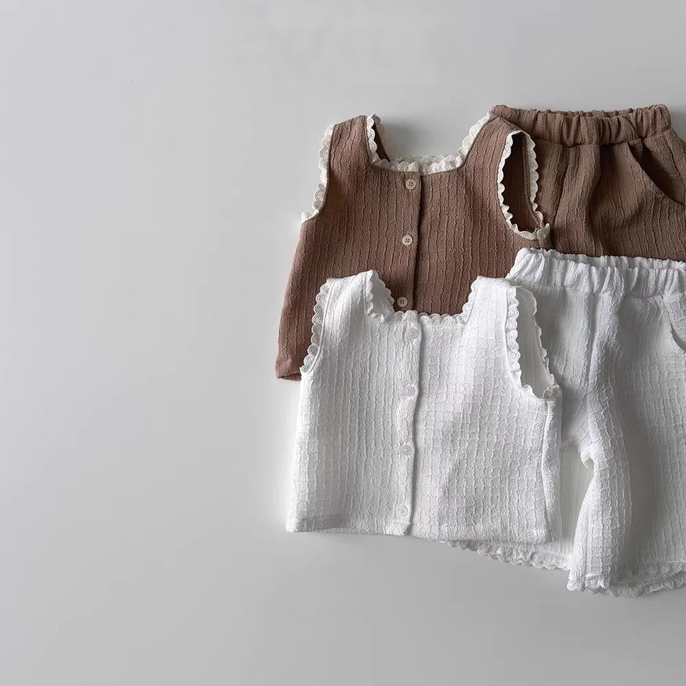Summer Baby Kids Girls Casual Sleeveless Square Neck Vest Top in white and coffee colors, made from soft cotton fabric.