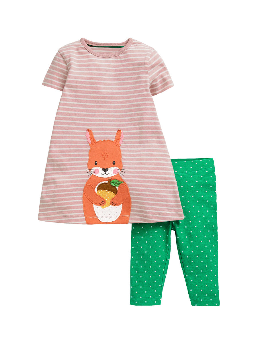 A pink striped dress for girls featuring a cute squirrel pattern and white dots, perfect for summer wear.