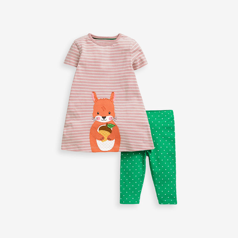 A pink striped dress for girls featuring a cute squirrel pattern and white dots, perfect for summer wear.