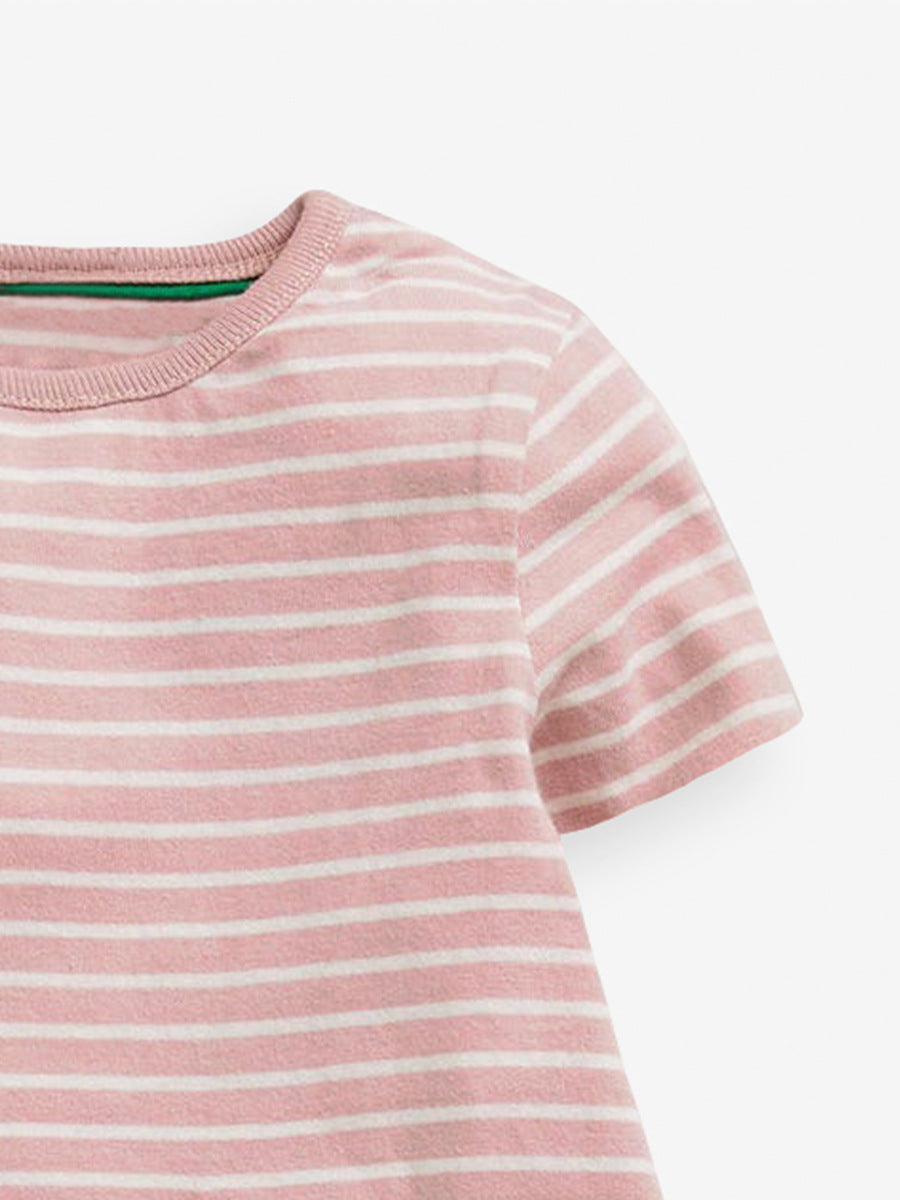 A pink striped dress for girls featuring a cute squirrel pattern and white dots, perfect for summer wear.