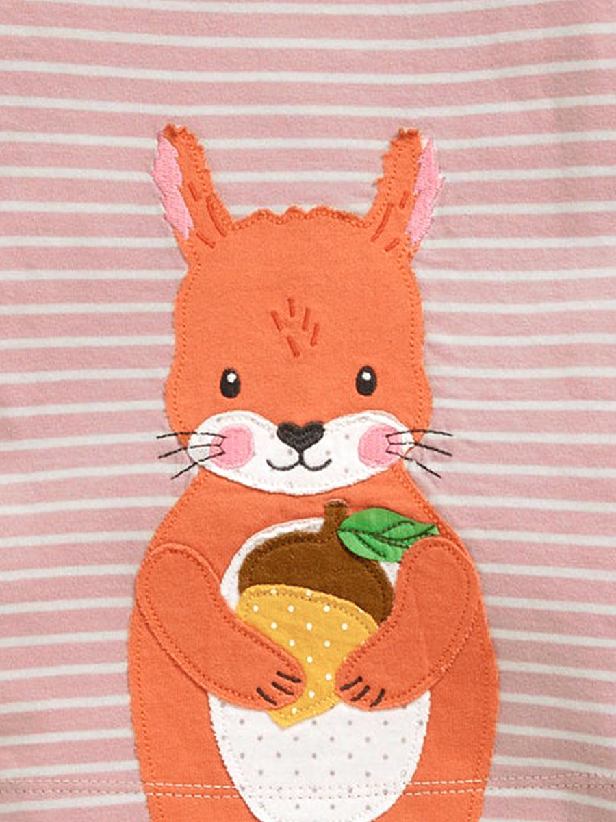 A pink striped dress for girls featuring a cute squirrel pattern and white dots, perfect for summer wear.