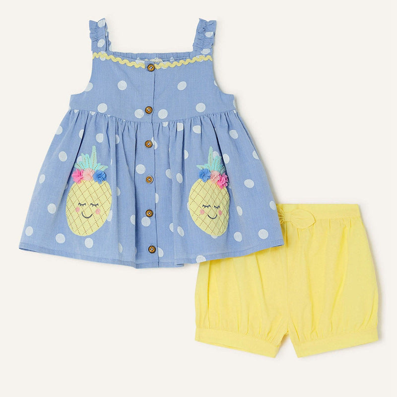 A vibrant blue summer dress for baby girls featuring polka dots and solid color straps, perfect for warm weather outings.