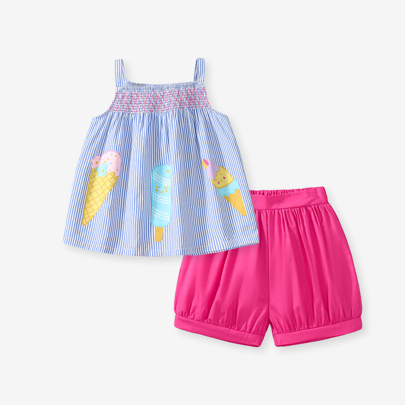 Summer Baby Kids Girls Top featuring a striped vest and solid color shorts in blue, perfect for warm weather.