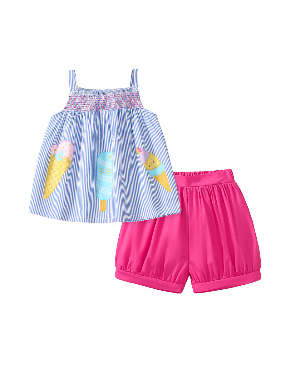 Summer Baby Kids Girls Top featuring a striped vest and solid color shorts in blue, perfect for warm weather.