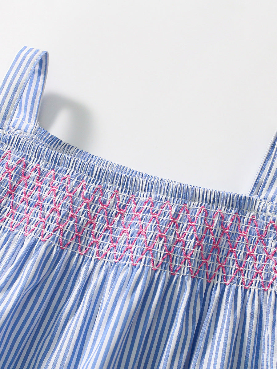 Summer Baby Kids Girls Top featuring a striped vest and solid color shorts in blue, perfect for warm weather.