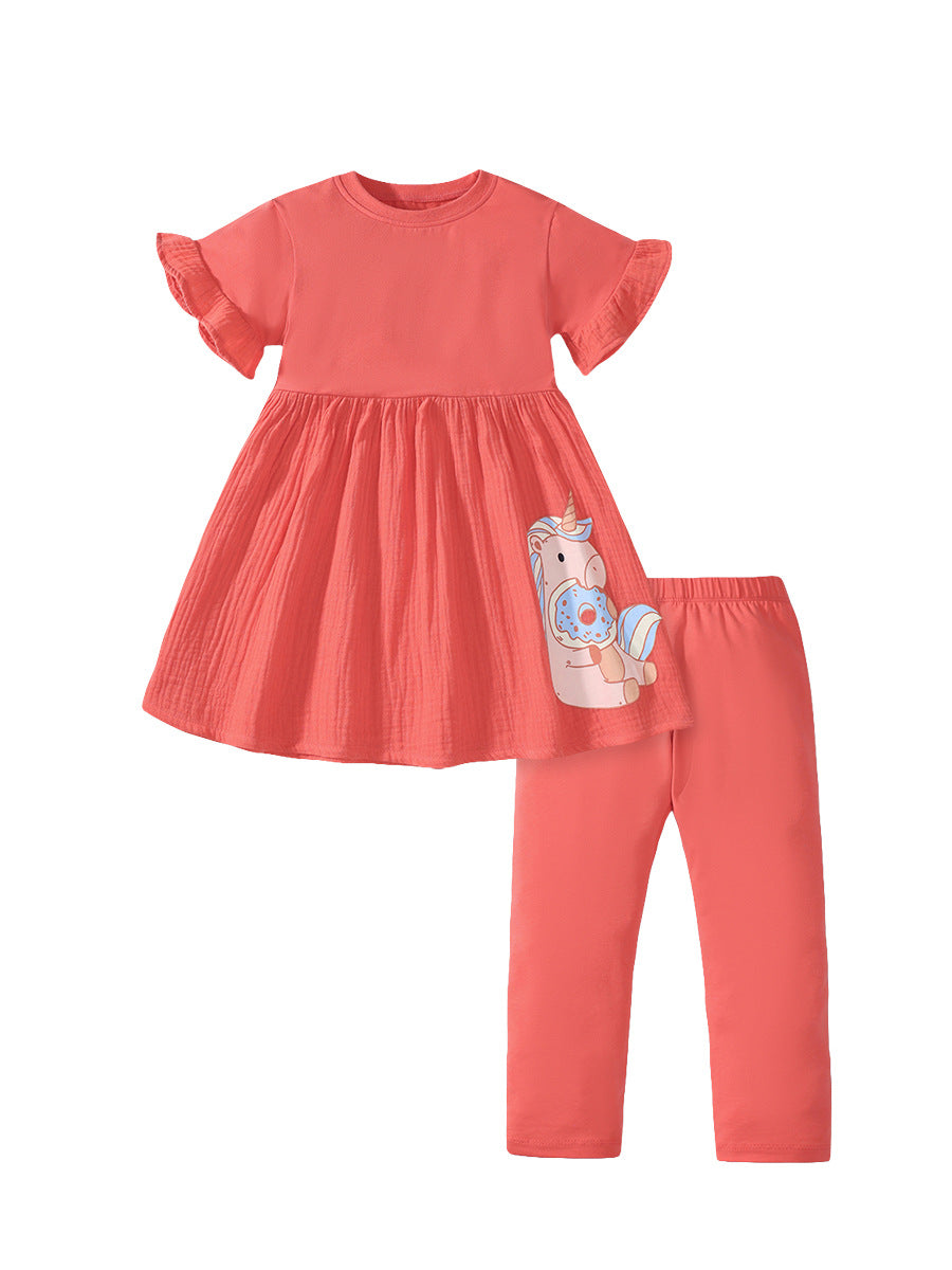 Summer Baby Kids Girls Unicorn Pattern Orange Dress and Pants set, featuring a vibrant orange color and playful unicorn design, perfect for warm weather.
