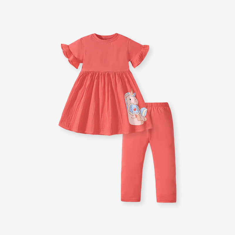 Summer Baby Kids Girls Unicorn Pattern Orange Dress and Pants set, featuring a vibrant orange color and playful unicorn design, perfect for warm weather.