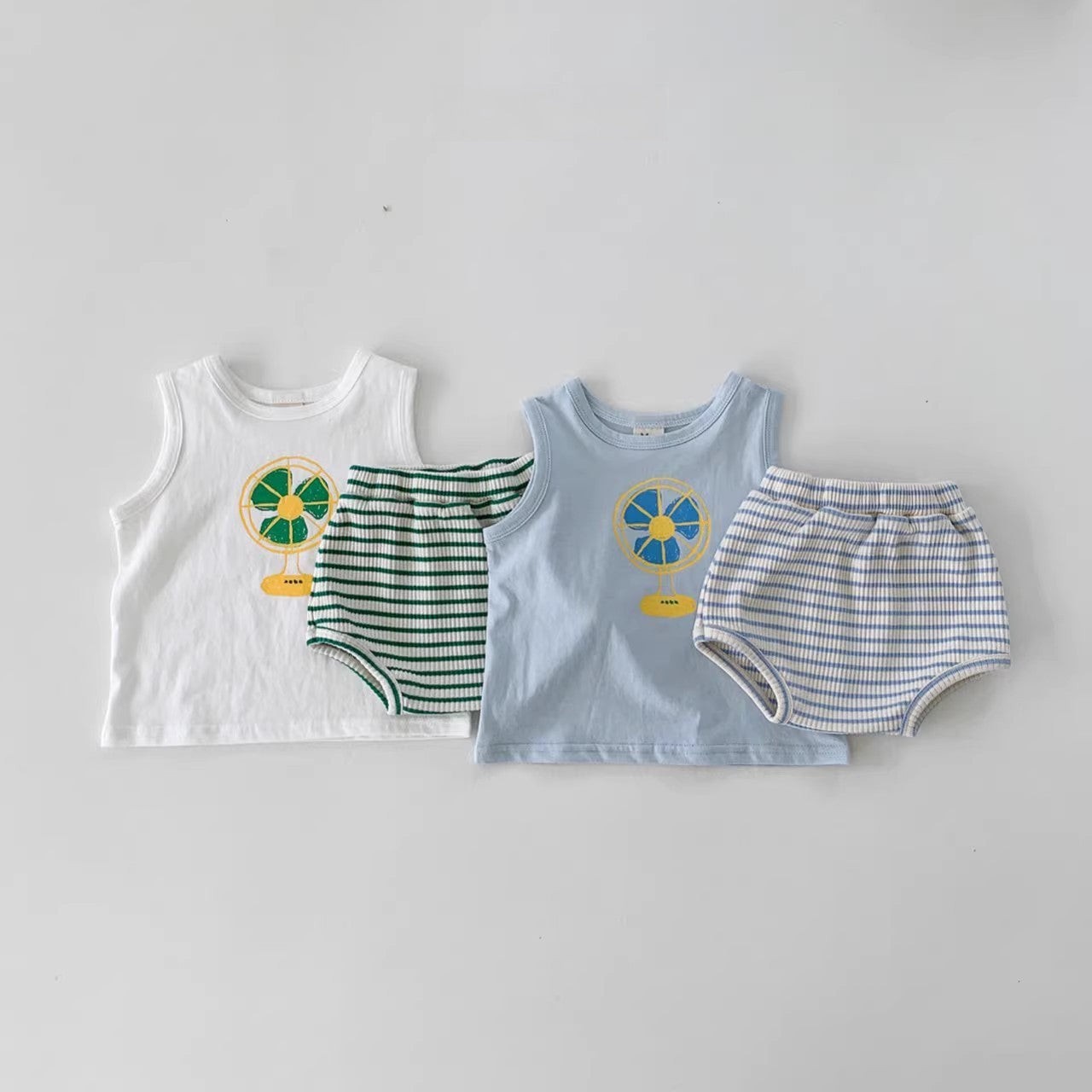 Summer Baby Kids Unisex Cartoon Pattern Top Vest and Striped Bloomers in white and blue, featuring playful cartoon designs.