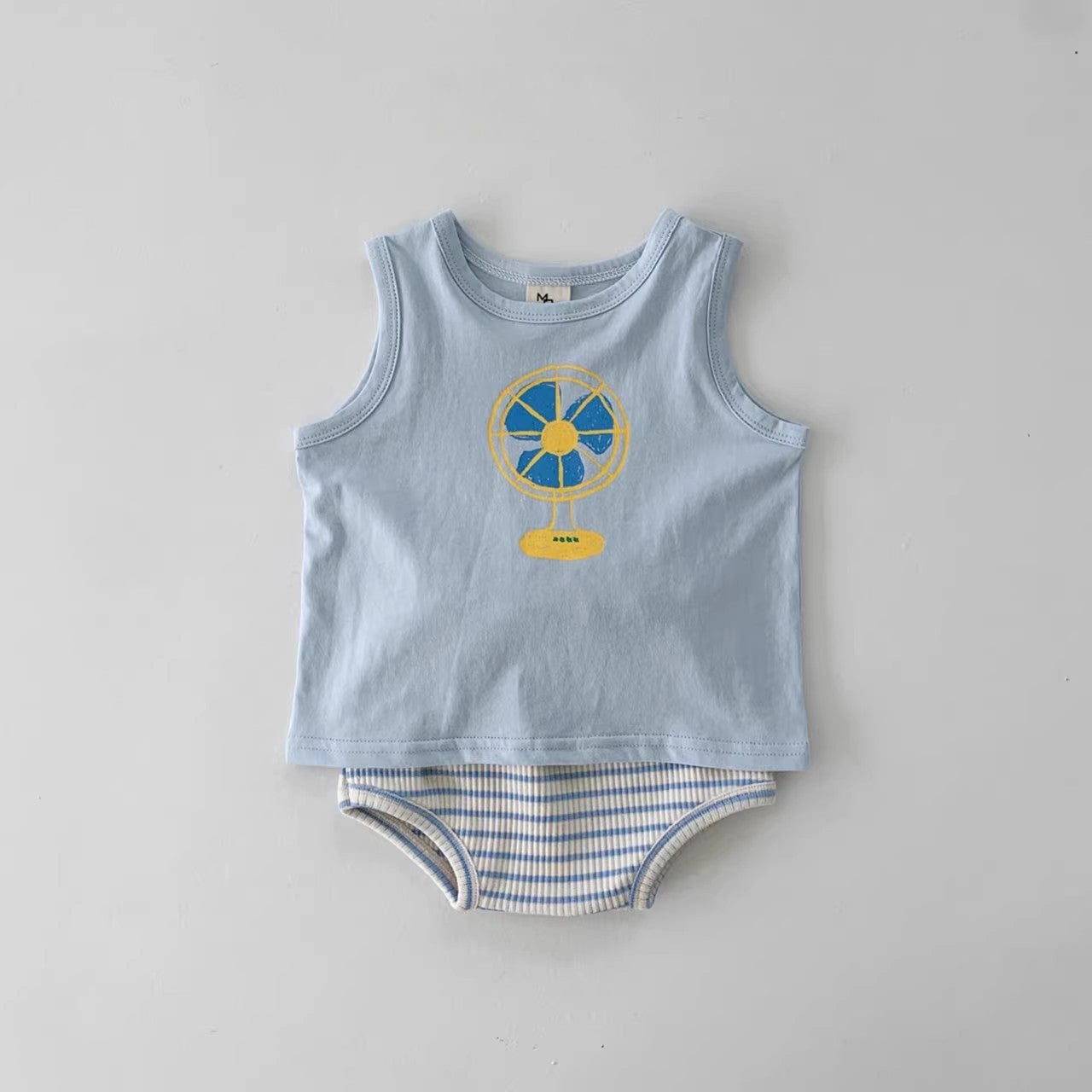 Summer Baby Kids Unisex Cartoon Pattern Top Vest and Striped Bloomers in white and blue, featuring playful cartoon designs.