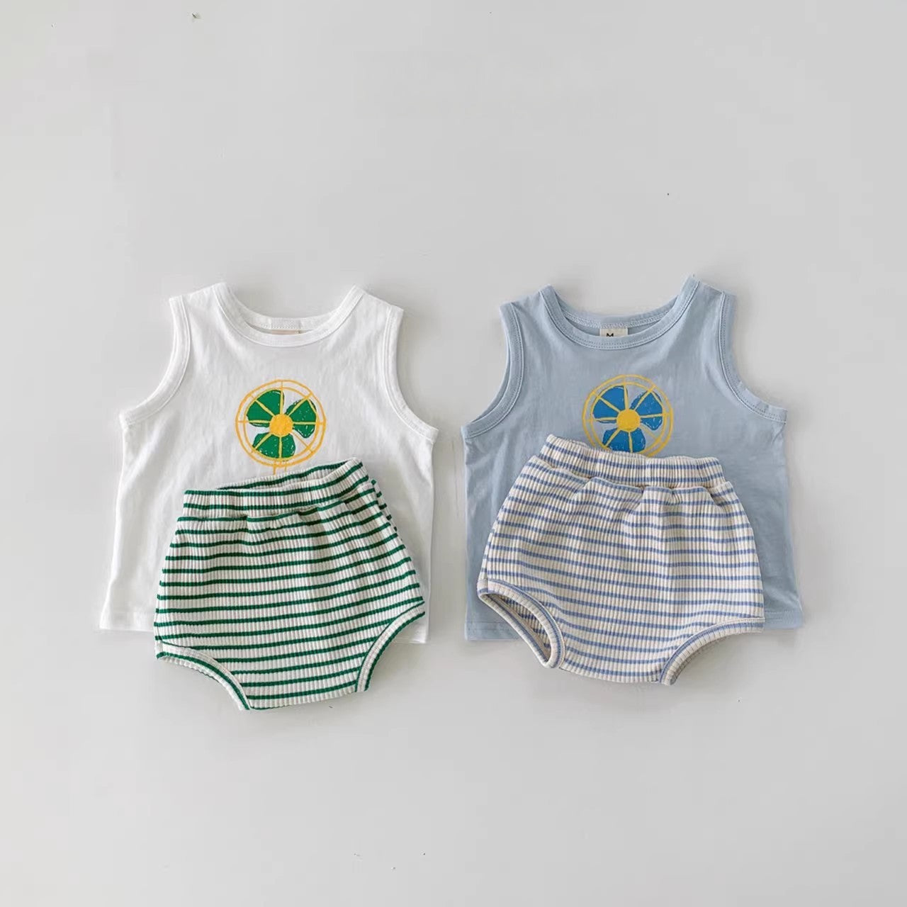 Summer Baby Kids Unisex Cartoon Pattern Top Vest and Striped Bloomers in white and blue, featuring playful cartoon designs.