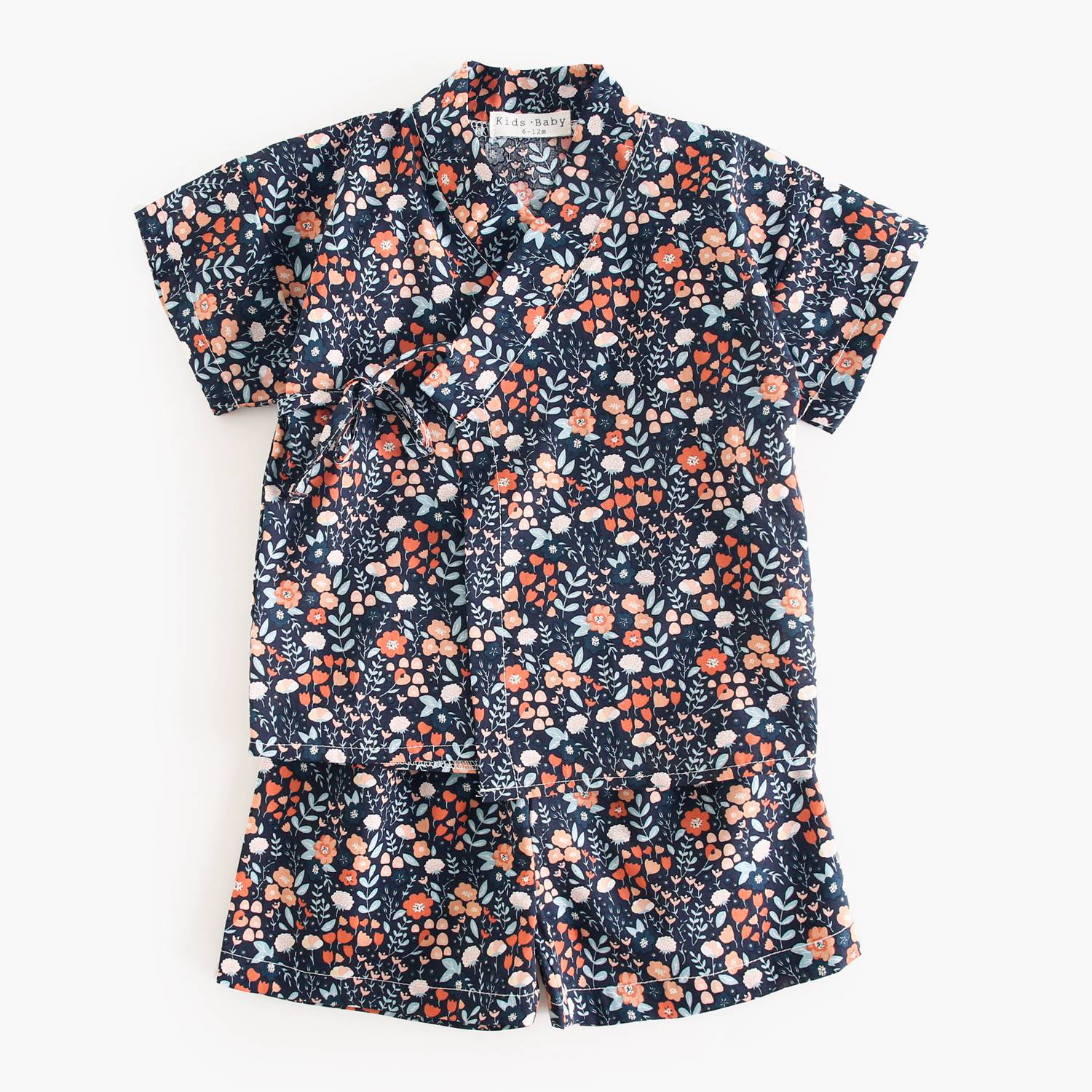 Summer Baby Kids Unisex Floral Print Casual V Neck T-Shirt and Shorts in white, navy blue, and brown colors, showcasing floral patterns.