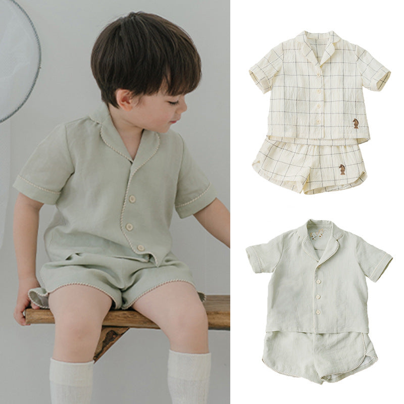 Summer Baby Kids Unisex Simple V Neck Top Shirt in green and beige colors, made from soft cotton, suitable for boys and girls.
