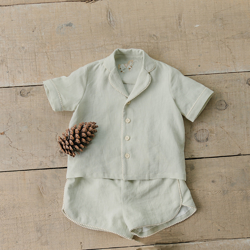 Summer Baby Kids Unisex Simple V Neck Top Shirt in green and beige colors, made from soft cotton, suitable for boys and girls.