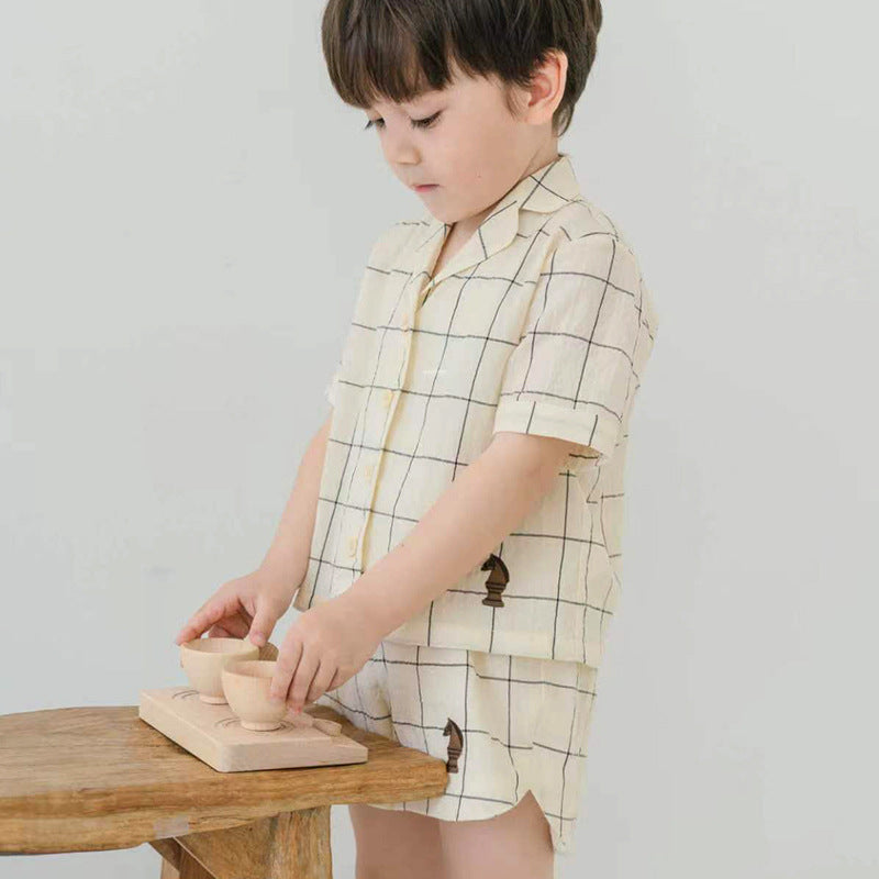 Summer Baby Kids Unisex Simple V Neck Top Shirt in green and beige colors, made from soft cotton, suitable for boys and girls.