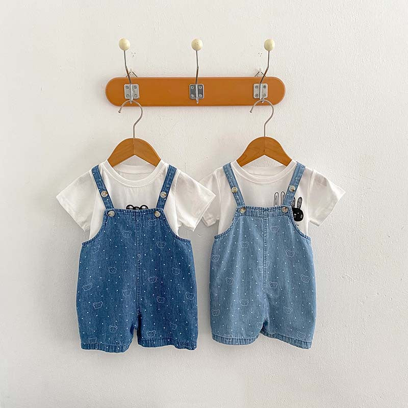 Summer Baby Kids Unisex Denim Overalls with Teddy Print and White Dots, perfect for warm weather, available in blue and light blue.