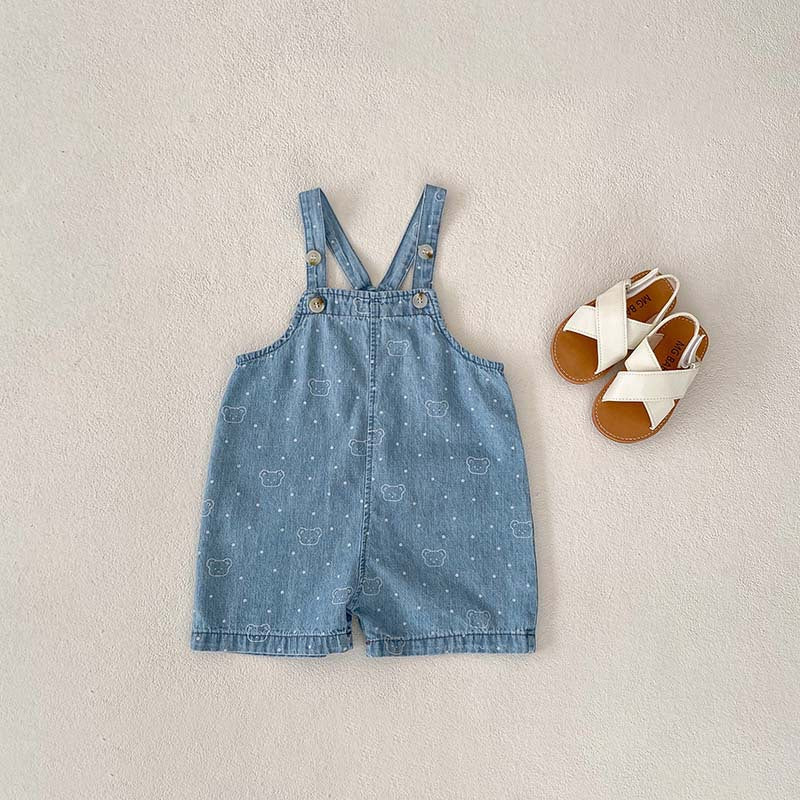 Summer Baby Kids Unisex Denim Overalls with Teddy Print and White Dots, perfect for warm weather, available in blue and light blue.