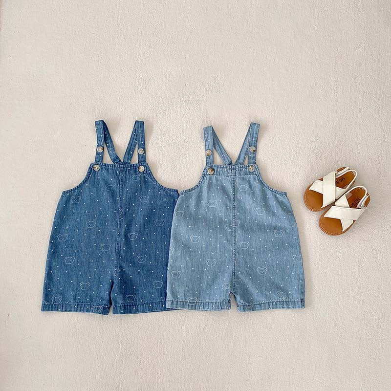 Summer Baby Kids Unisex Denim Overalls with Teddy Print and White Dots, perfect for warm weather, available in blue and light blue.