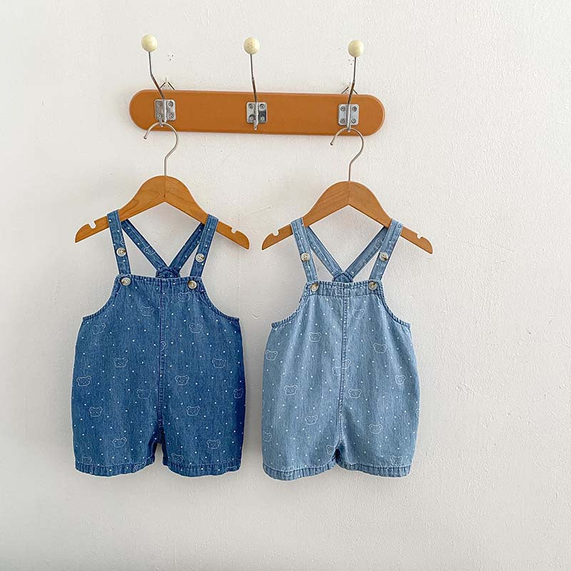 Summer Baby Kids Unisex Denim Overalls with Teddy Print and White Dots, perfect for warm weather, available in blue and light blue.