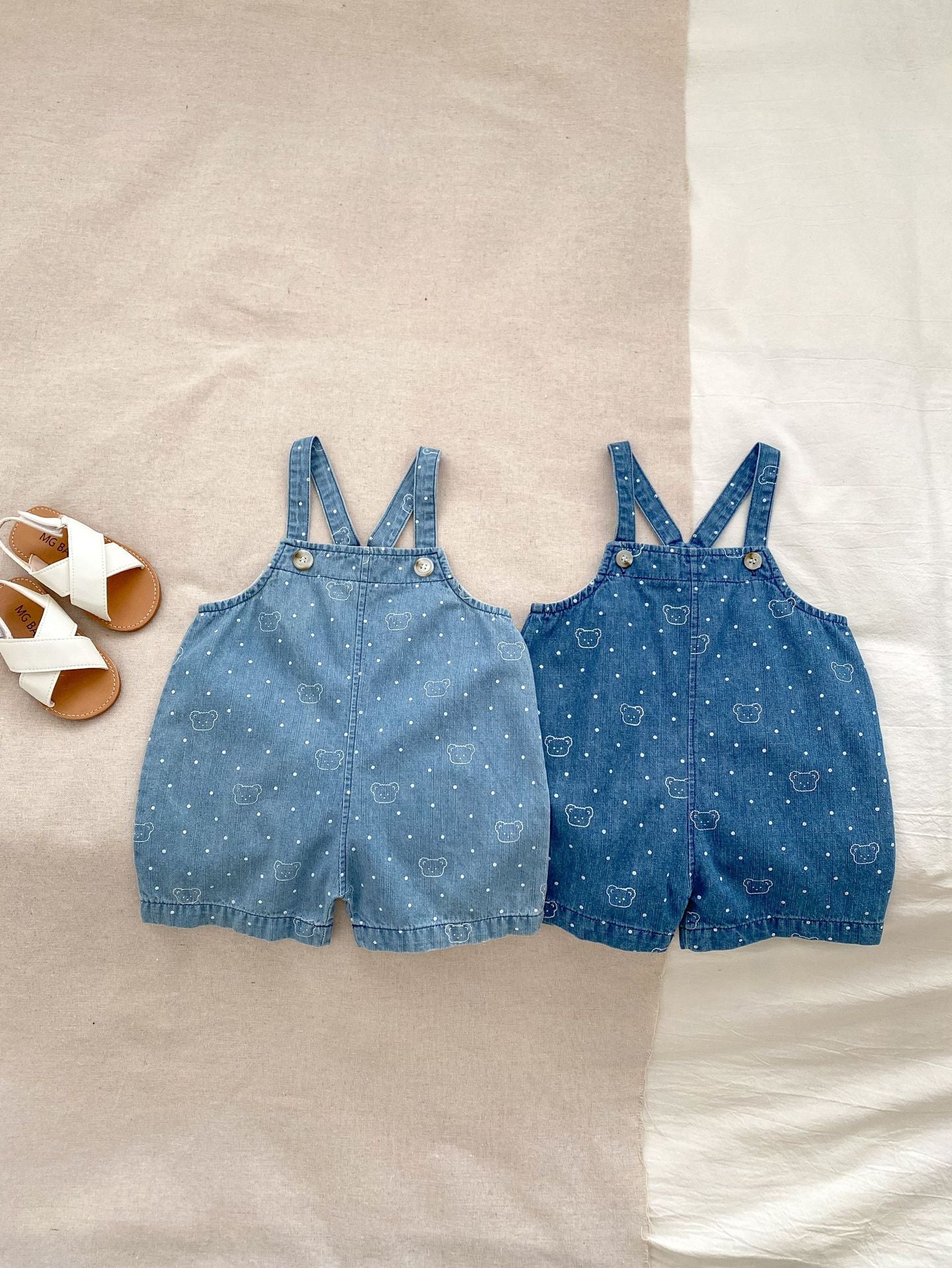 Summer Baby Kids Unisex Teddy Print White Dots Denim Overalls in blue with teddy bear design, perfect for summer wear.