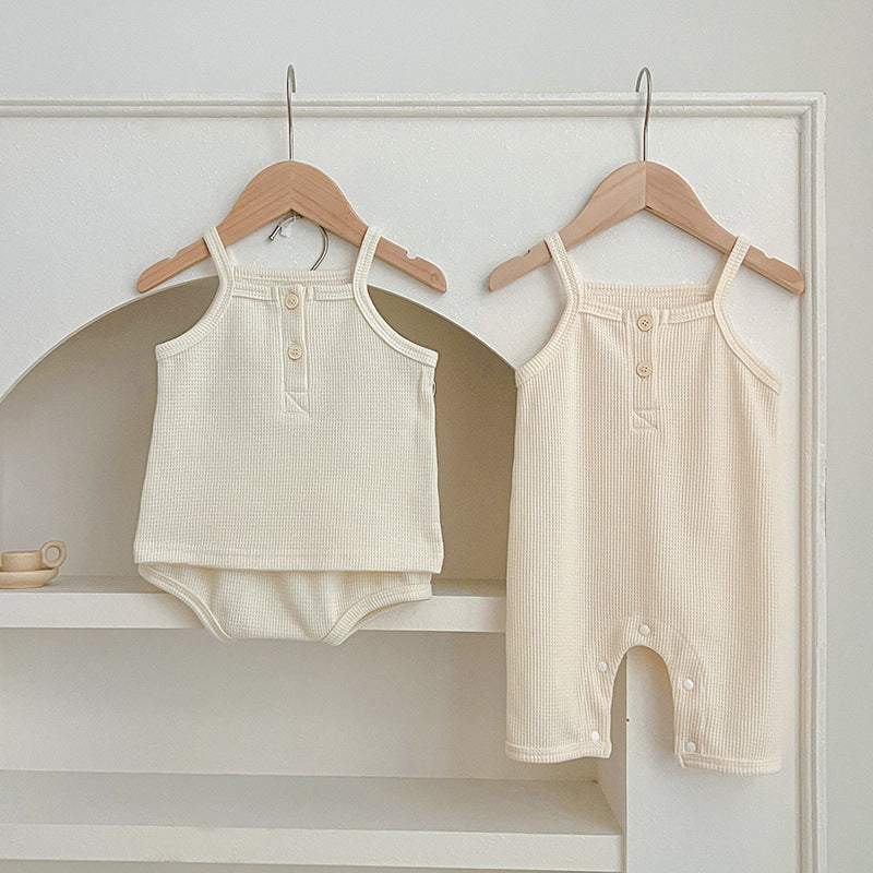 Summer Baby Kids Waffle Grid Sleeveless Vest and Bloomers Set in beige and apricot colors, made from soft cotton for baby girls.