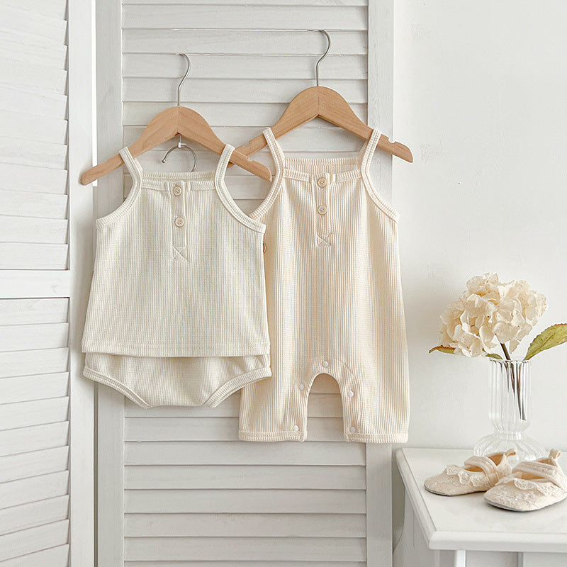 Summer Baby Kids Waffle Grid Sleeveless Vest and Bloomers Set in beige and apricot colors, made from soft cotton for baby girls.