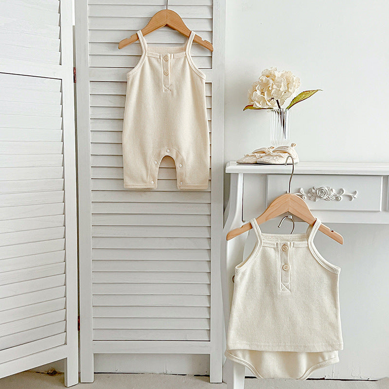 Summer Baby Kids Waffle Grid Sleeveless Vest and Bloomers Set in beige and apricot colors, made from soft cotton for baby girls.