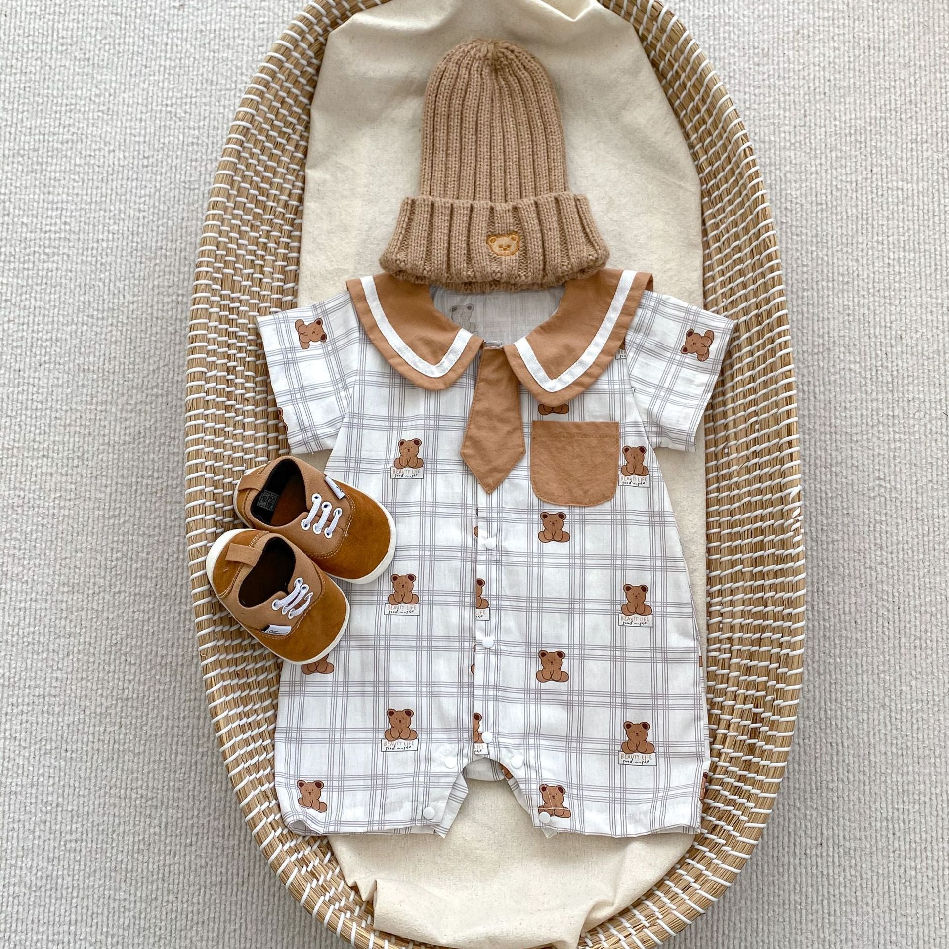 Summer Baby Teddy Pattern Plaid Short-Sleeved Romper in white and brown colors, featuring a cute teddy design, perfect for infants and toddlers.