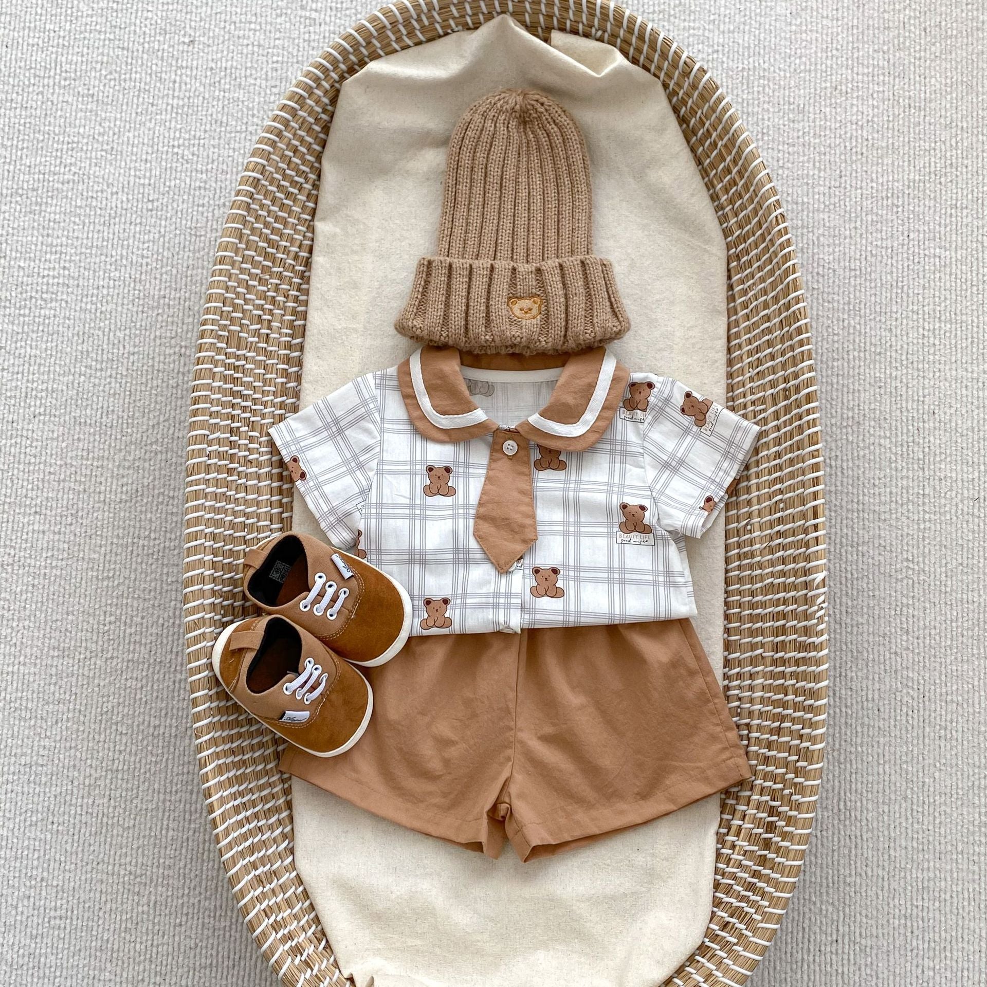 Summer Baby Teddy Pattern Plaid Short-Sleeved Romper in white and brown colors, featuring a cute teddy design, perfect for infants and toddlers.