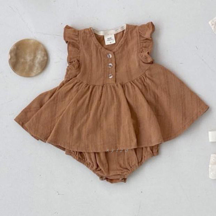 A beige summer dress for baby girls featuring fly sleeves, made from soft cotton, perfect for warm weather.