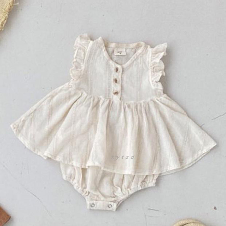 A beige summer dress for baby girls featuring fly sleeves, made from soft cotton, perfect for warm weather.