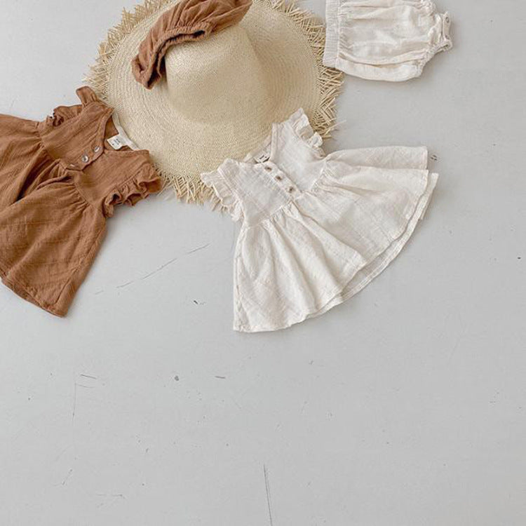 A beige summer dress for baby girls featuring fly sleeves, made from soft cotton, perfect for warm weather.