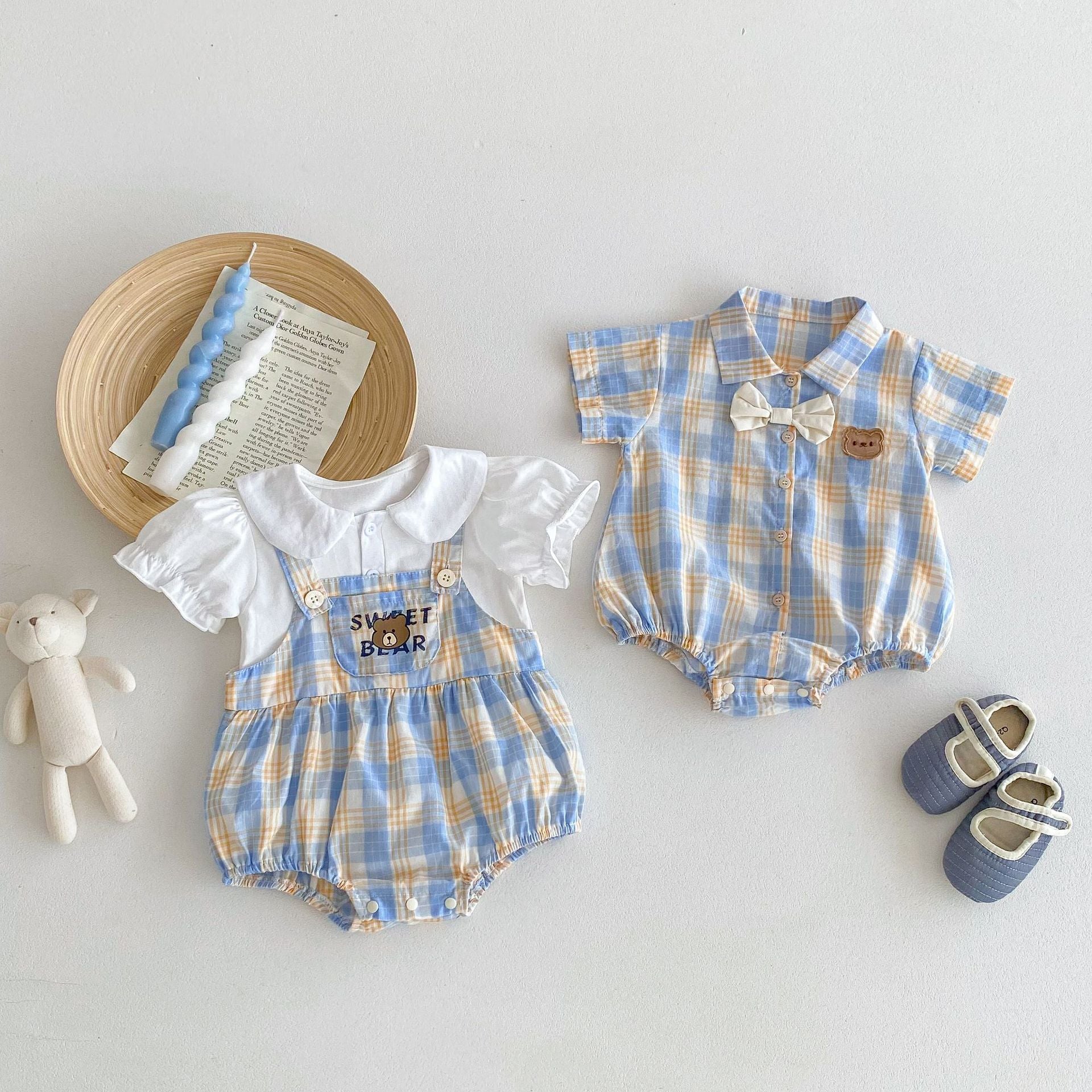 Summer boys and girls yellow-blue plaid teddy pattern onesies, featuring a vibrant plaid design suitable for babies.