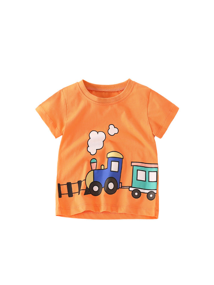 Summer Boys’ Little Train Cartoon Print Short Sleeves T-Shirt in vibrant orange color, featuring a playful train design.