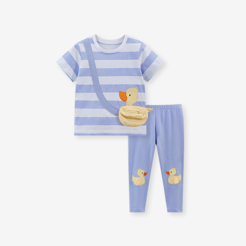 Summer Girls Ducks Cartoon Striped T-Shirt and Pants Set in blue, featuring a playful duck design and stylish stripes.