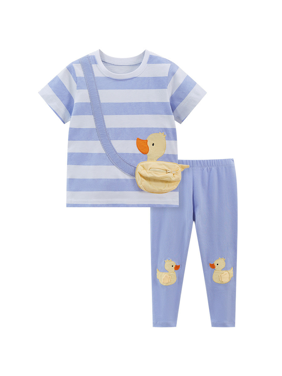 Summer Girls Ducks Cartoon Striped T-Shirt and Pants Set in blue, featuring a playful duck design and stylish stripes.
