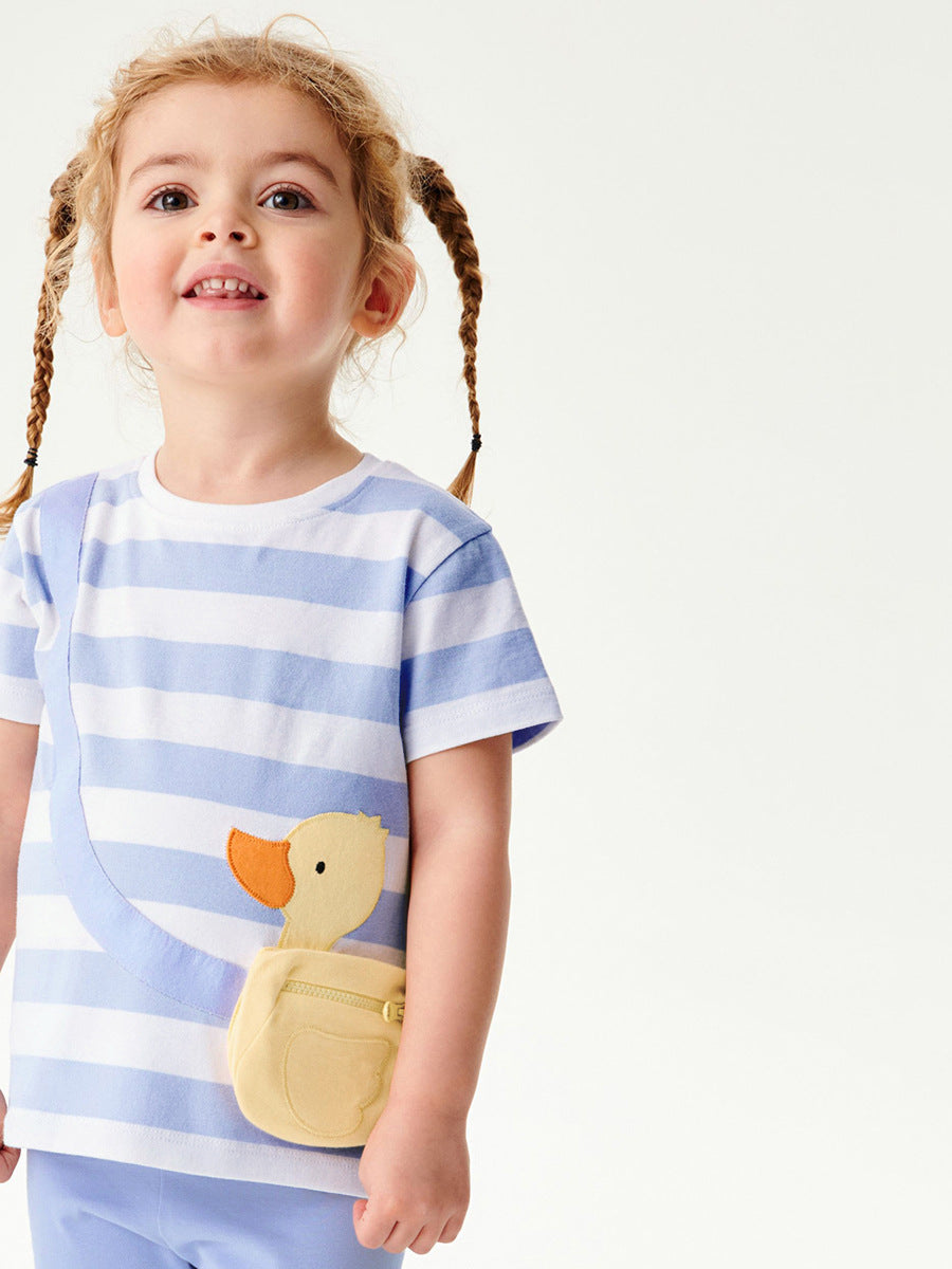 Summer Girls Ducks Cartoon Striped T-Shirt and Pants Set in blue, featuring a playful duck design and stylish stripes.