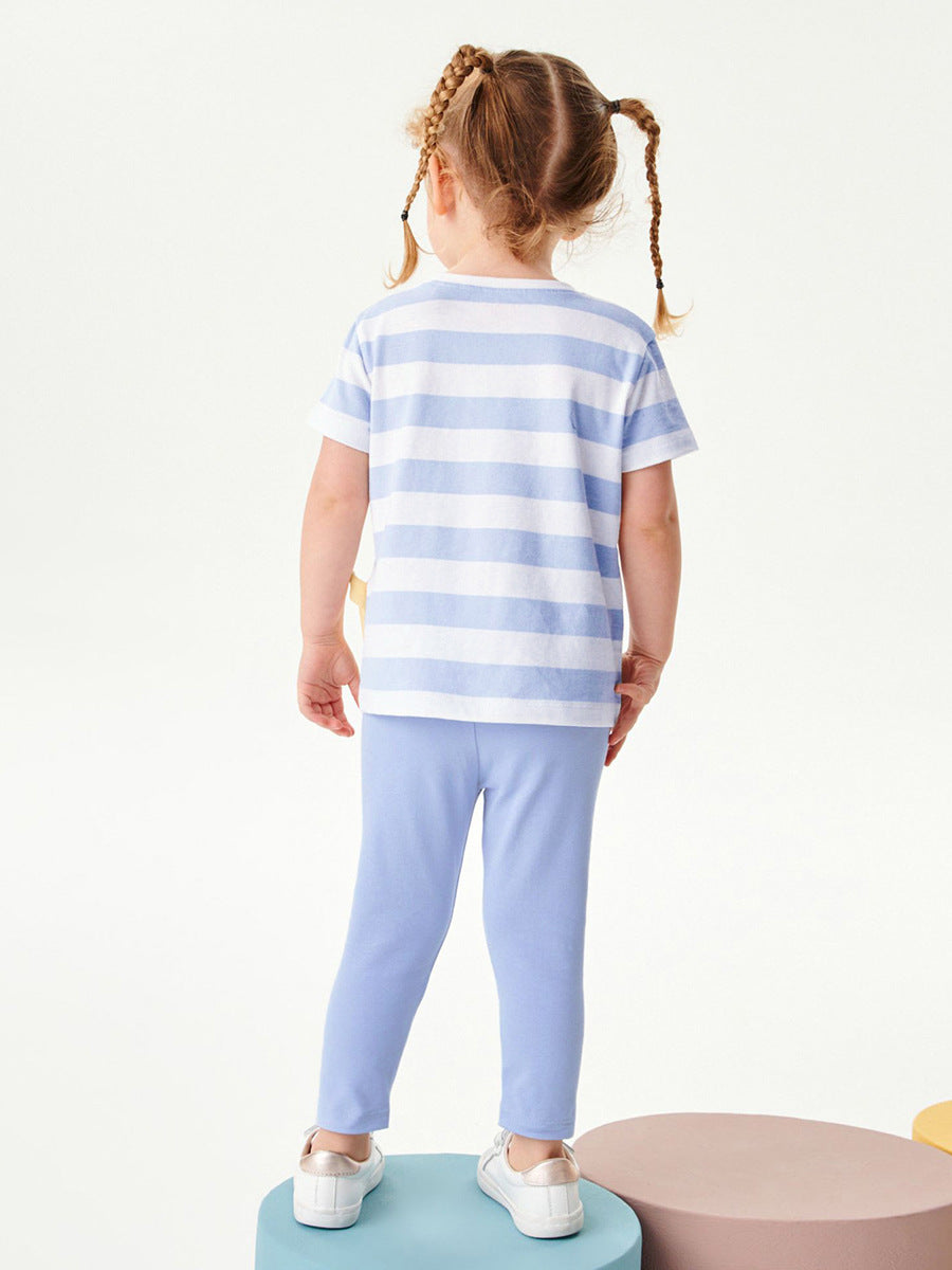Summer Girls Ducks Cartoon Striped T-Shirt and Pants Set in blue, featuring a playful duck design and stylish stripes.