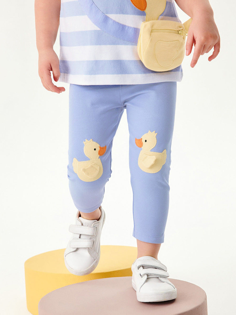 Summer Girls Ducks Cartoon Striped T-Shirt and Pants Set in blue, featuring a playful duck design and stylish stripes.