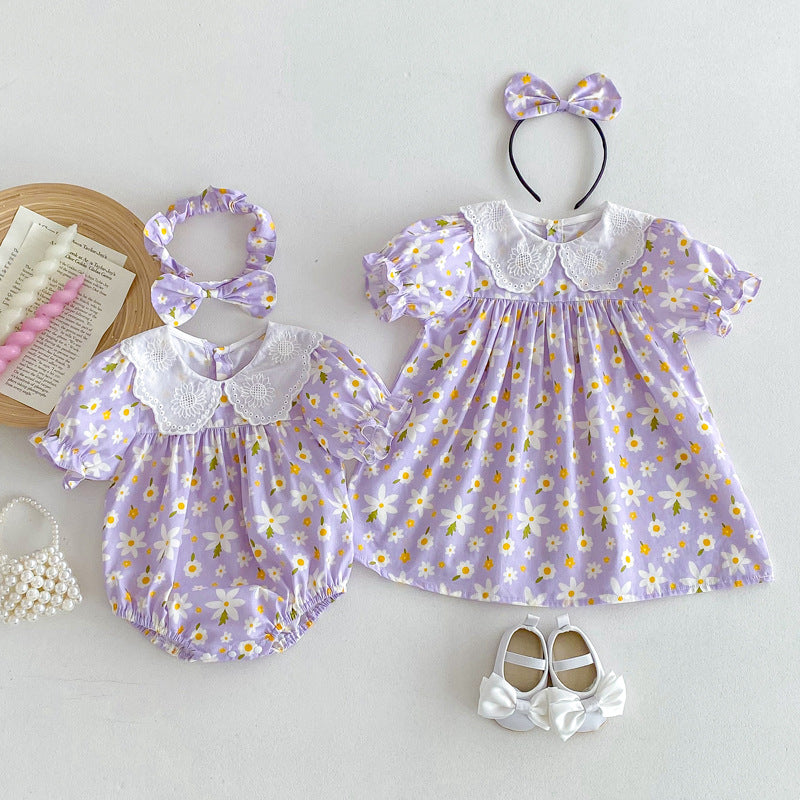 Summer Girls Flowers Pattern Short Sleeves Onesies with Embroidery Collar in white and purple colors, featuring a floral design.