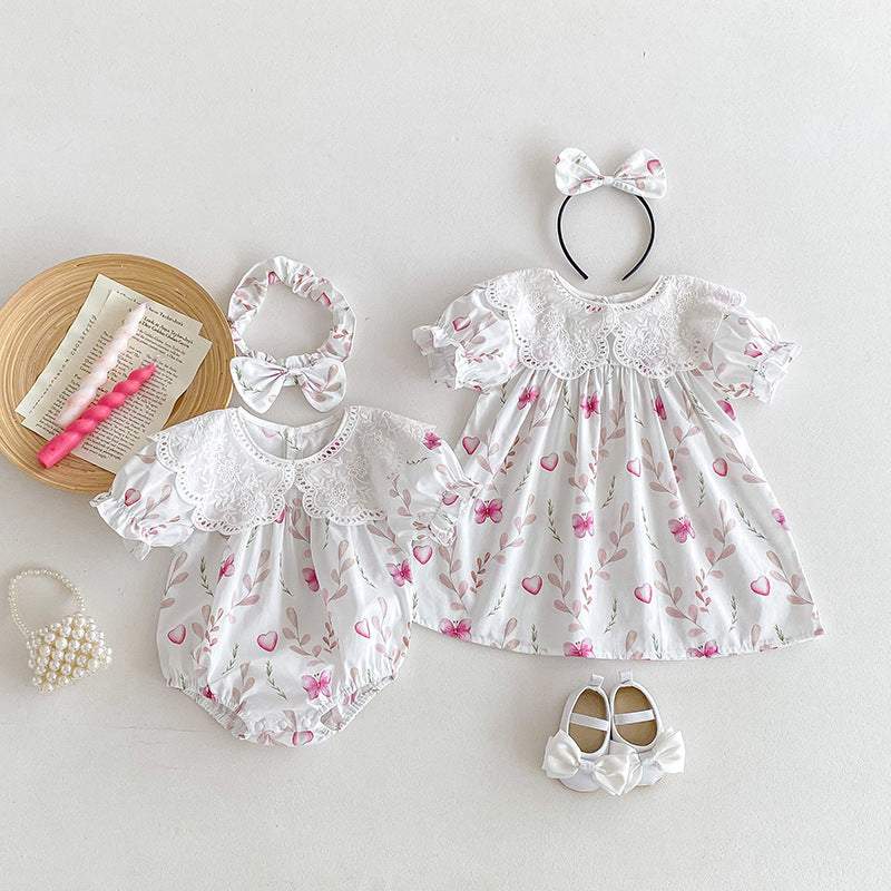 Summer girls onesies featuring a floral pattern and hollow out collar in beige and apricot colors, made from soft cotton.