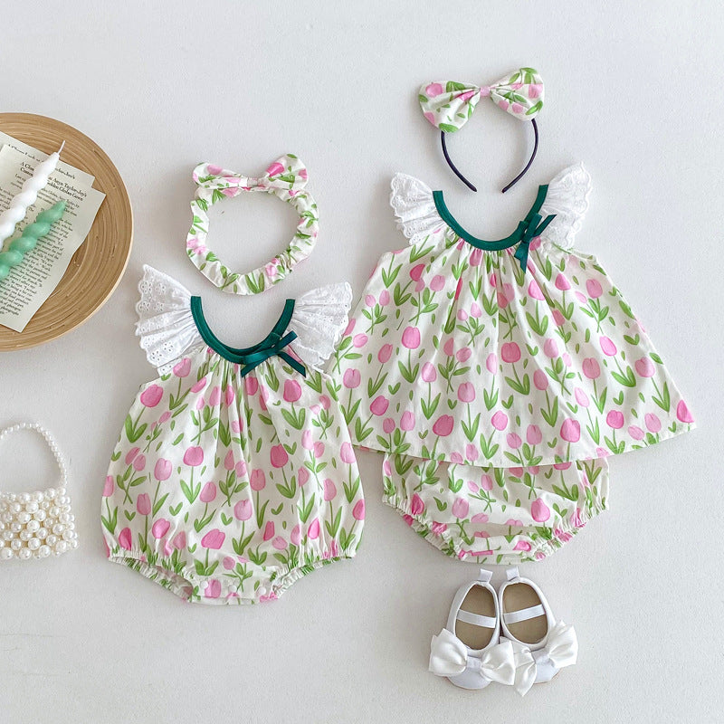 Summer Girls Flowers Pattern Sleeveless Hollow Out Lace Strap Onesies in vibrant green with floral design, perfect for warm weather.