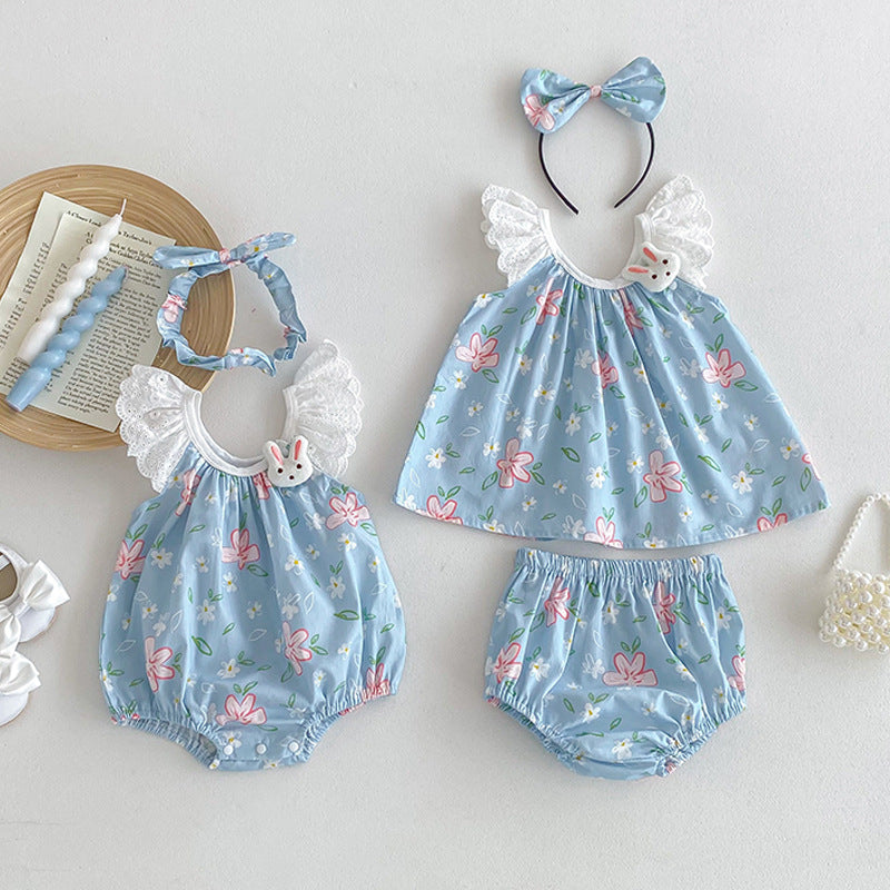 Summer girls onesies featuring a floral pattern with lace straps in blue and light blue colors.