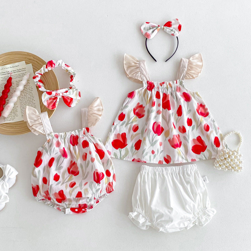 A vibrant summer outfit featuring a floral pattern, sleeveless design, and straps, suitable for baby girls and young girls.