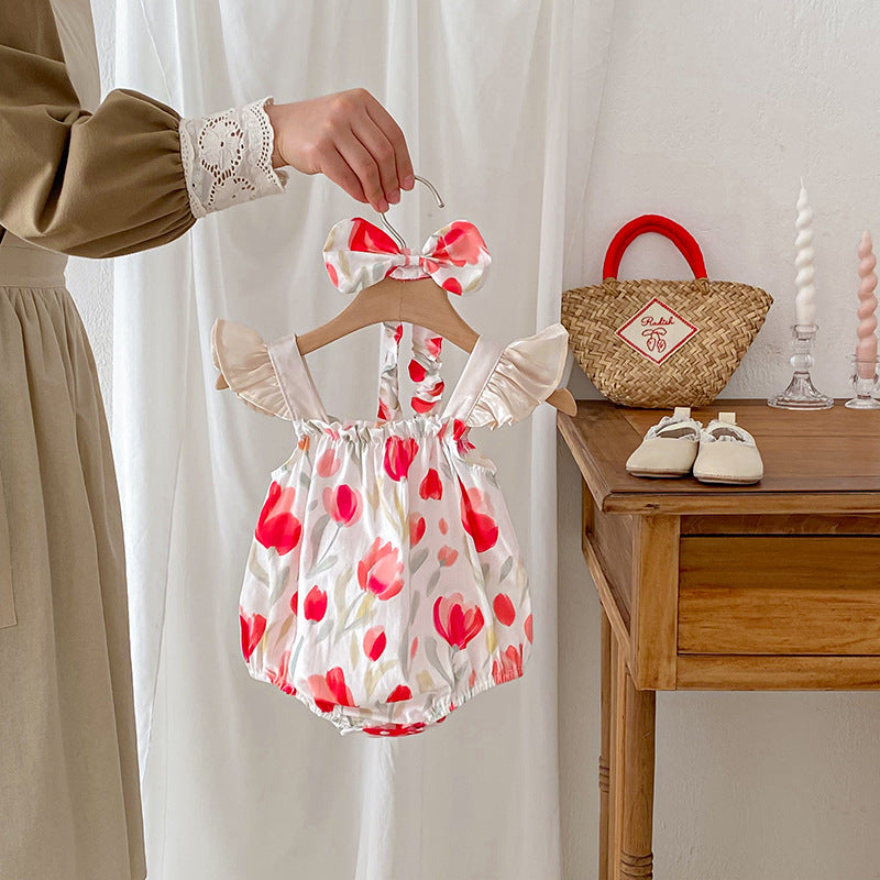 A vibrant summer outfit featuring a floral pattern, sleeveless design, and straps, suitable for baby girls and young girls.