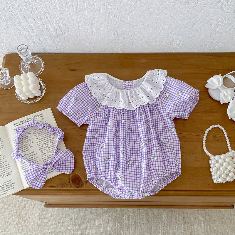 Summer Girls Plaid Design Flowers Pattern Short Sleeves Hollow Out top in purple and beige, made of soft cotton, perfect for summer wear.