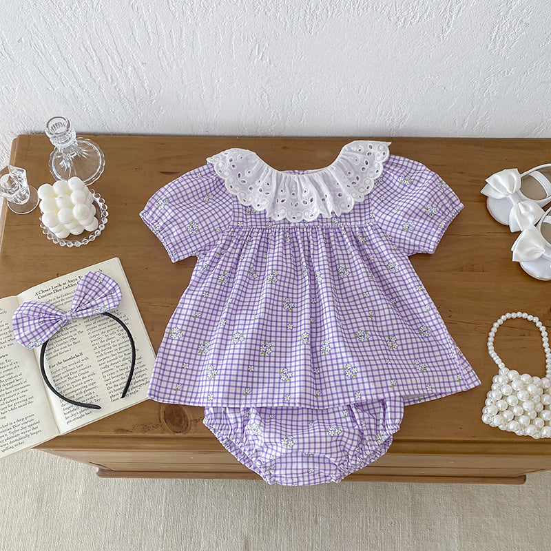 Summer Girls Plaid Design Flowers Pattern Short Sleeves Hollow Out top in purple and beige, made of soft cotton, perfect for summer wear.