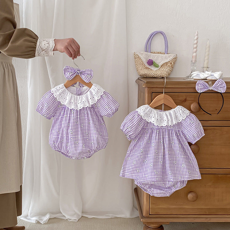 Summer Girls Plaid Design Flowers Pattern Short Sleeves Hollow Out top in purple and beige, made of soft cotton, perfect for summer wear.